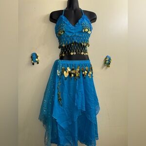 Girls Belly Dance Costume Youth 10-12 Turquoise Coin Bra Skirt Set Cabaret